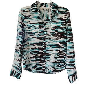 Jones New York Sport Womens SZ MEDIUM Animal Print Button Down Teal Brown Cotton